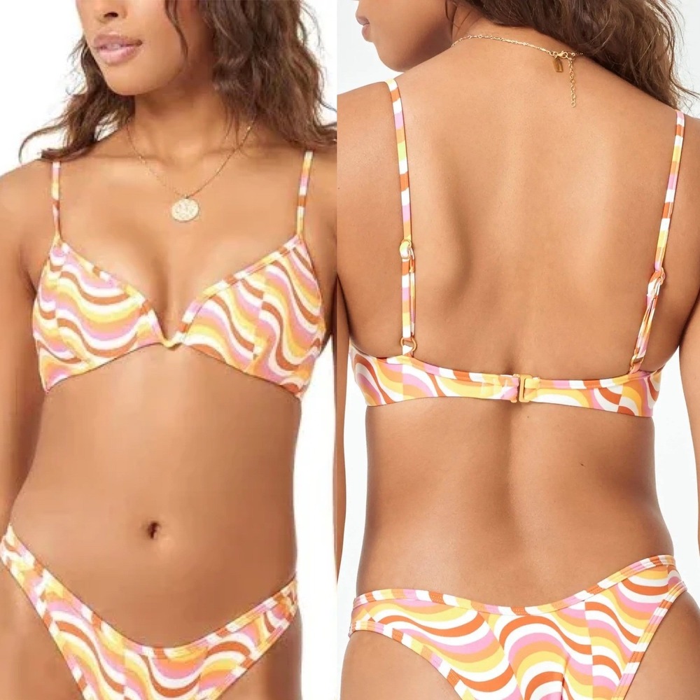L Space Y2K Retro Swirl Print Bikini Top Pastel Orange Pink Adjustable Strap - Picture 12 of 12